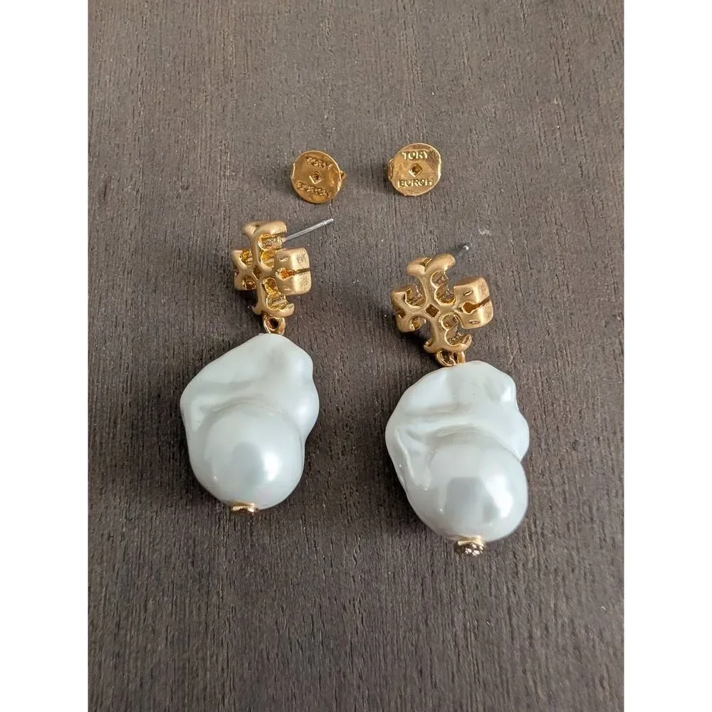 TORY BURCH Gold Double T Logo Baroque Pearl Drop Earrings